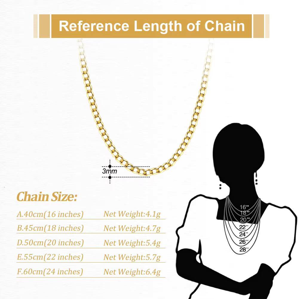 RINNTIN BSC603 Solid 925 Sterling Silver 18K Gold Plated Italian 3mm Diamond Cut Cuban Link Curb Chain Necklace for Women Men