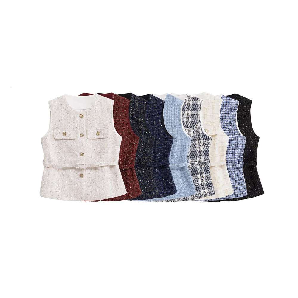 DHEssentials Ins Women's Fashion 20205 New Round Neck Waist-Cinching Little Chanel Style Multi-Color Belt Decorated Vest