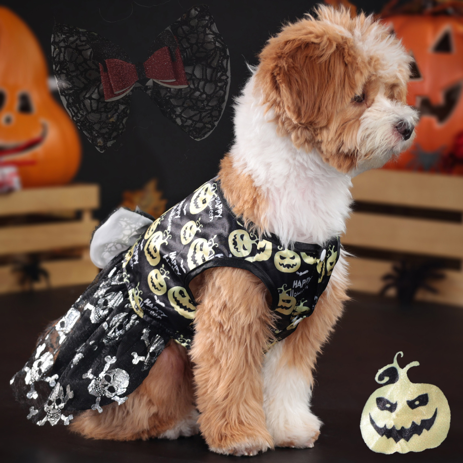 Halloween Dog Dress with Pumpkin Skull Prints Mesh Skirt & Big Bowknot Festive Party Costume for Dogs 1.5-14kg Perfect for Halloween Parties Themed Ev