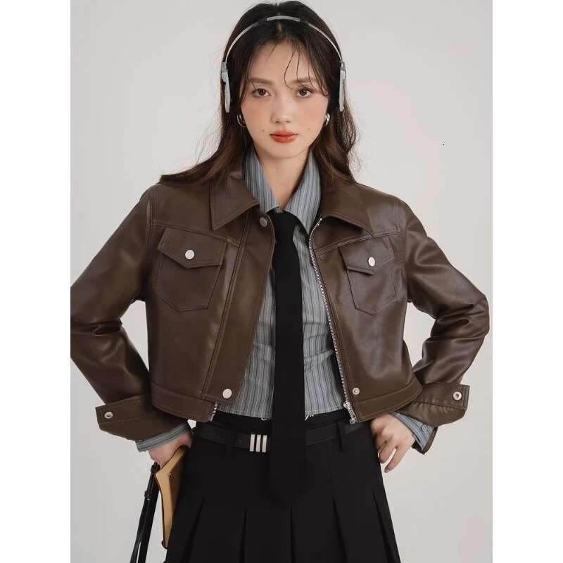 American Vintage Sweet Hot Girl Style Coffee Color Women's Leather Autumn New Design Sense Short Motorcycle Jacket Top