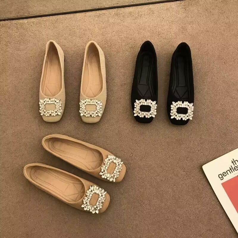 Autumn new designer women's shoes square toe flat bottom women's shoes breathable soft sole anti slip rhinestone square buckle shallow mouth