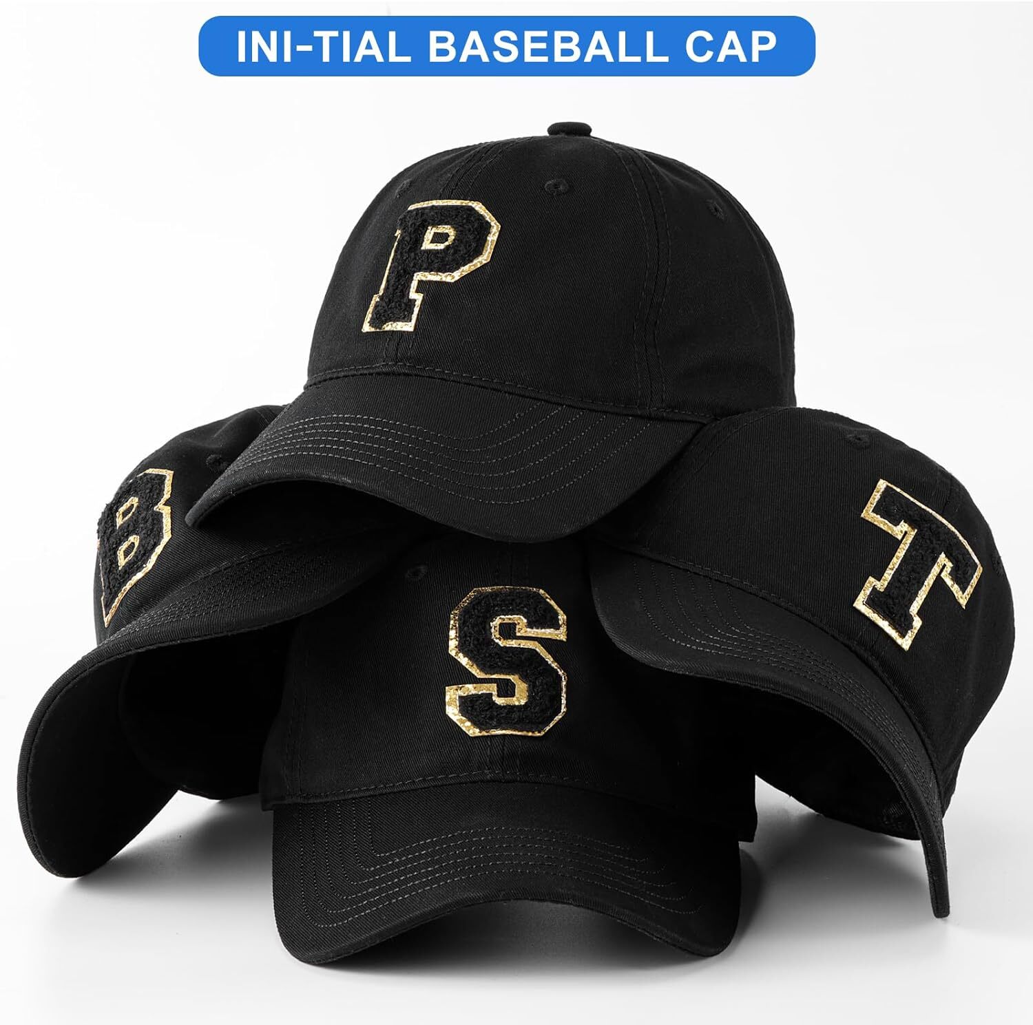 Shiny Letter Initial.s Unstructured Cotton Black Baseball Cap for Women, Adjustable Dad Hat