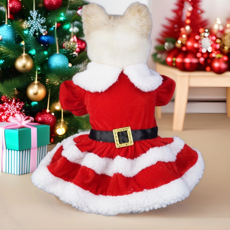 Christmas Dog Dress with Ruffled Sleeves, Lamb Wool Collar, Cotton Material, Warm & Comfortable, 4 Sizes (S-XL) for Dogs 1.5-8kg, Perfect for Christma