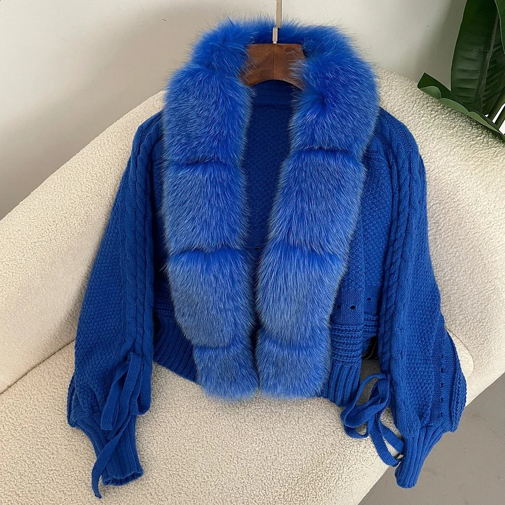 Knitting Cardigan Placket Coat Casual Real Fox Fur Fashion Short Warm Winter Women Knitted Jacket with Natural 250911