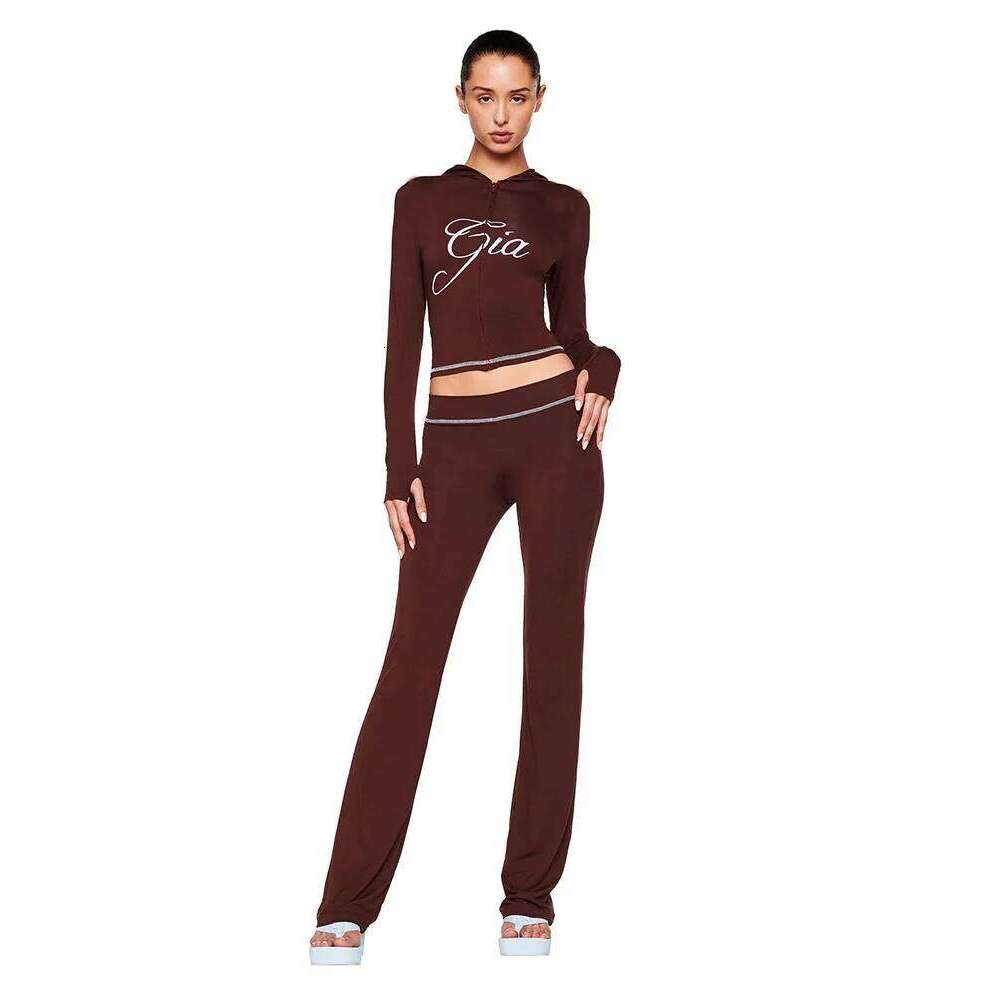 Slim Shoulder Monogram Print Bright Thread Design Slim Hooded Zipper Short Jacket Trouser Suit