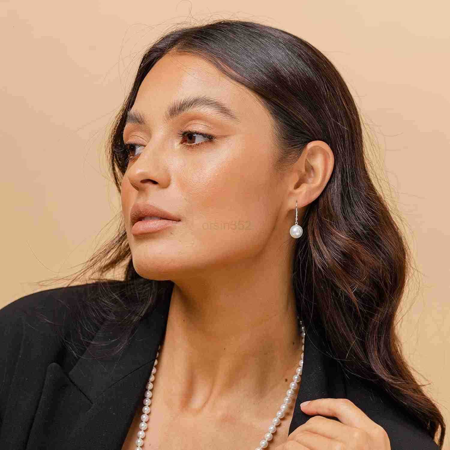 Sterling Silver Simulated Shell Pearl Earrings Leverback Dangle StudsW250911