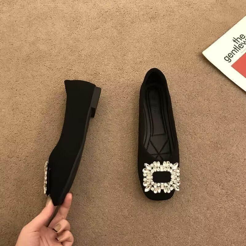 Autumn new designer women's shoes square toe flat bottom women's shoes breathable soft sole anti slip rhinestone square buckle shallow mouth