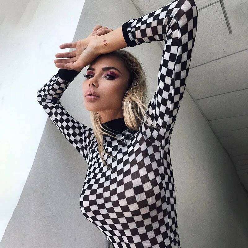 Sexy Black White Plaid Checkerboard T-Shirts For Women Hollow Out Slim Top Female T-Shirt Long Sleeve Tee Shirts