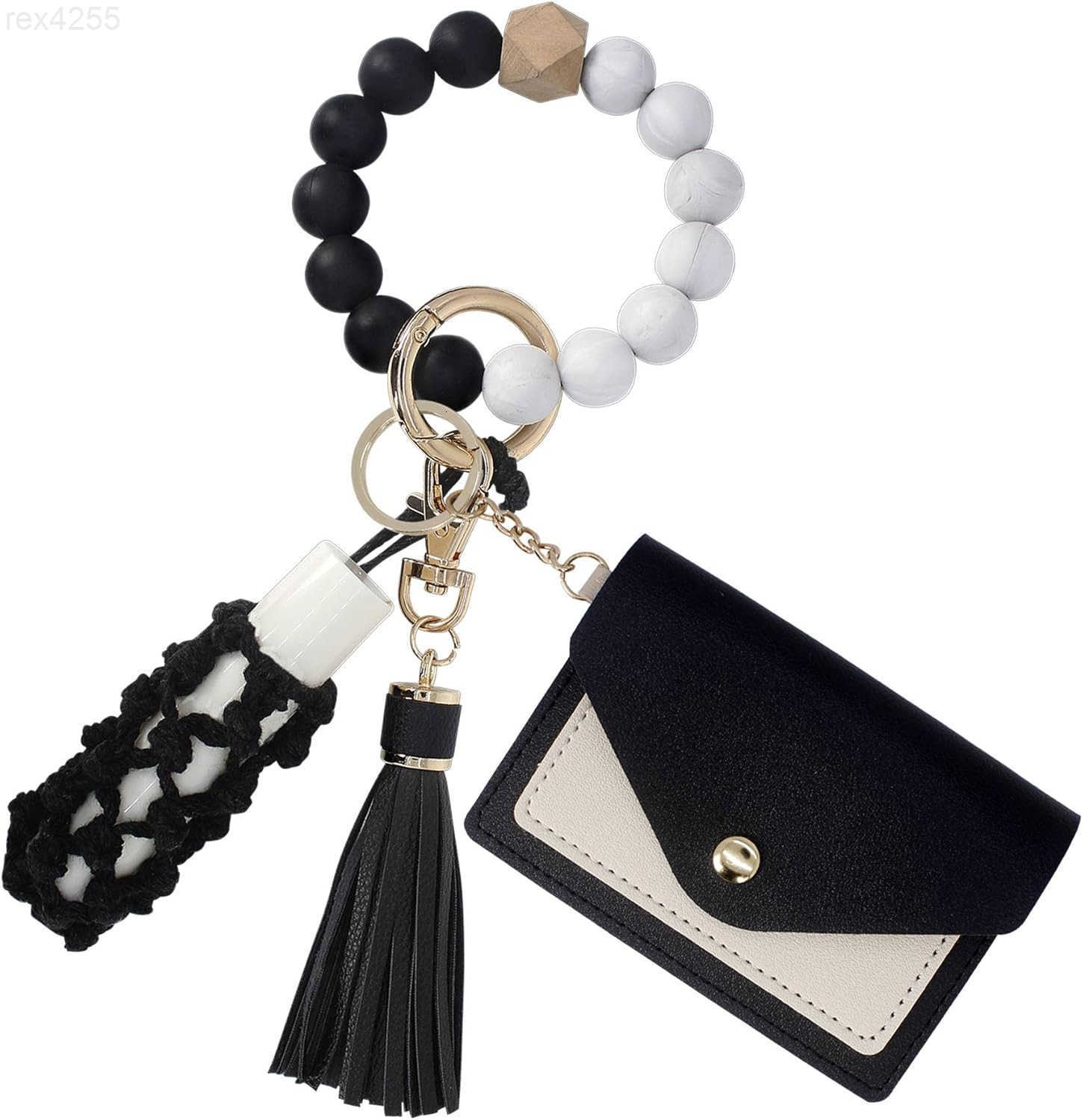 Key Ring Bracelets Wristlet Keychain Wallet with Net Chapstick Holder for WomenW250911