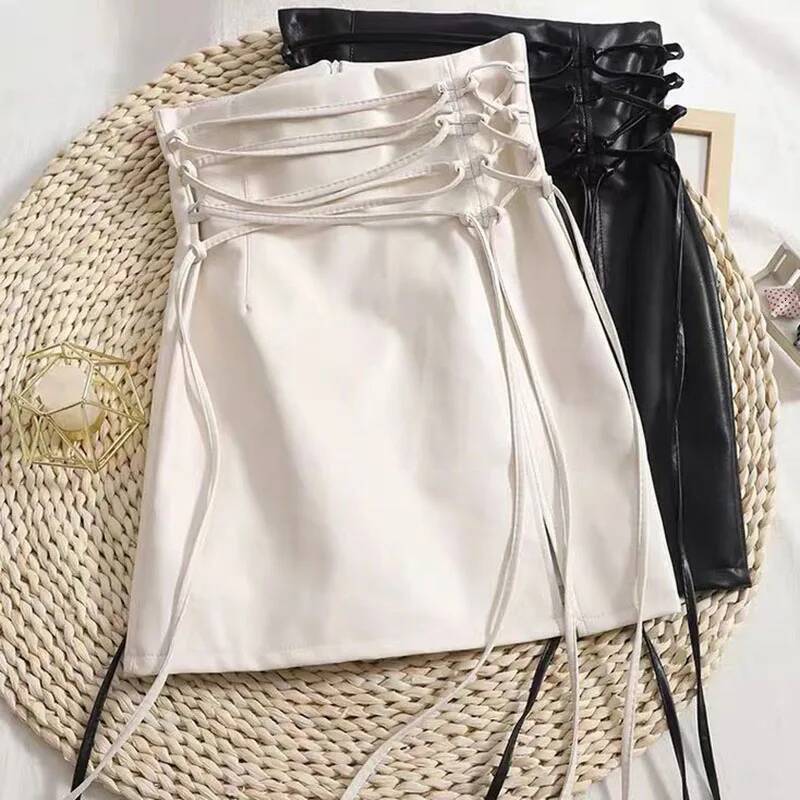 Black Leather Mini Skirts Women Gothic High Waist Slim Fit Lace Up Pencil Female Sexy Club Back Zipper Split Bag Hip Skirt dongdumaoyi