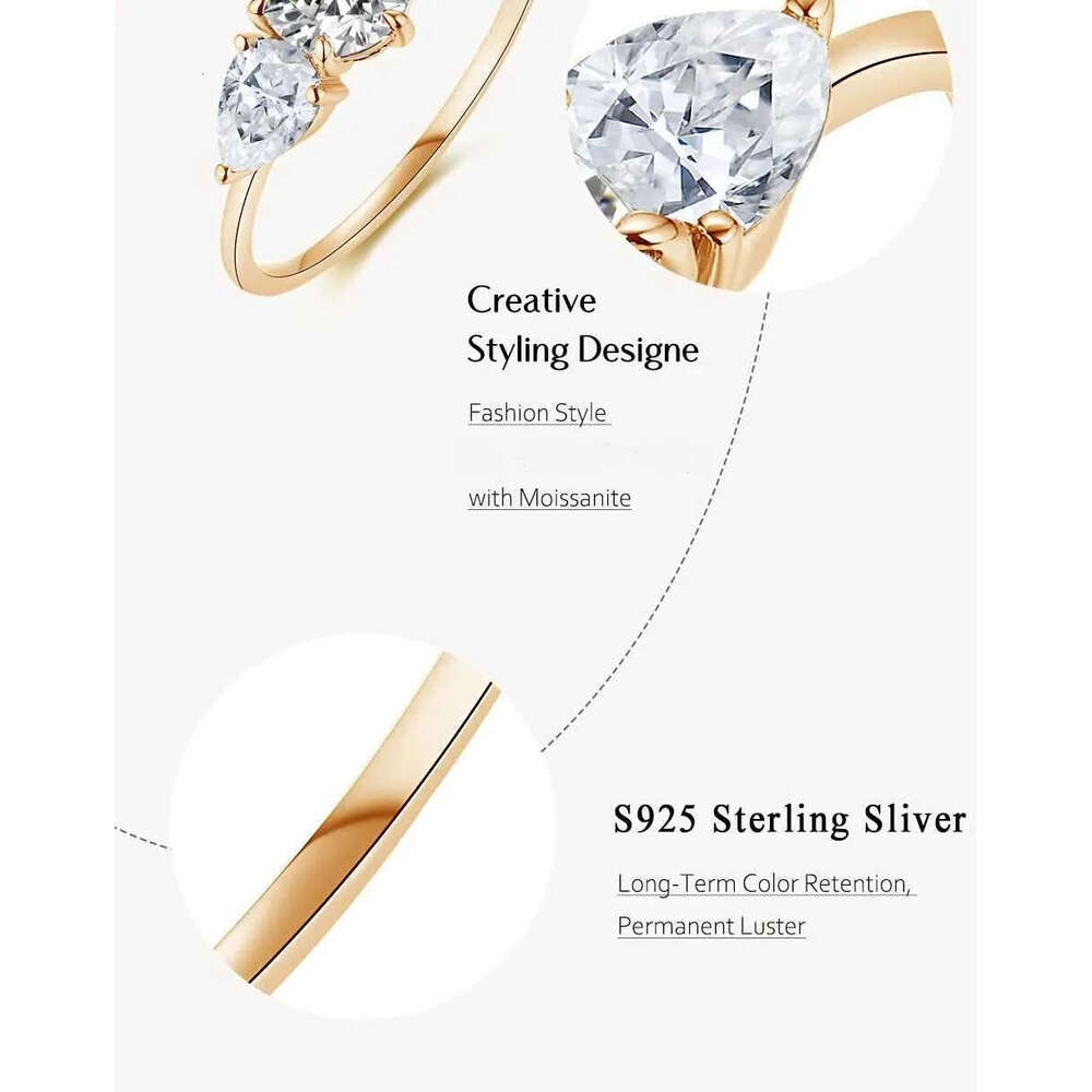 Cluster Attagems 2CT Moissanite Yellow Gold Plated Rings for Women D VVS1 Three Stone 6.5mm Round Ring Engagement Fine Wedding Jewelry L240910