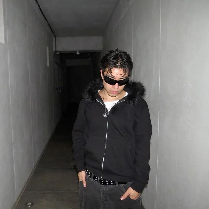 Hoodie Coat Cool Male Artificial Fur Collar Zip Up Plush Coat Men's Clothing Hoodies Solid Color Hip Hop Streetwear American Style Hooded Sweatsh