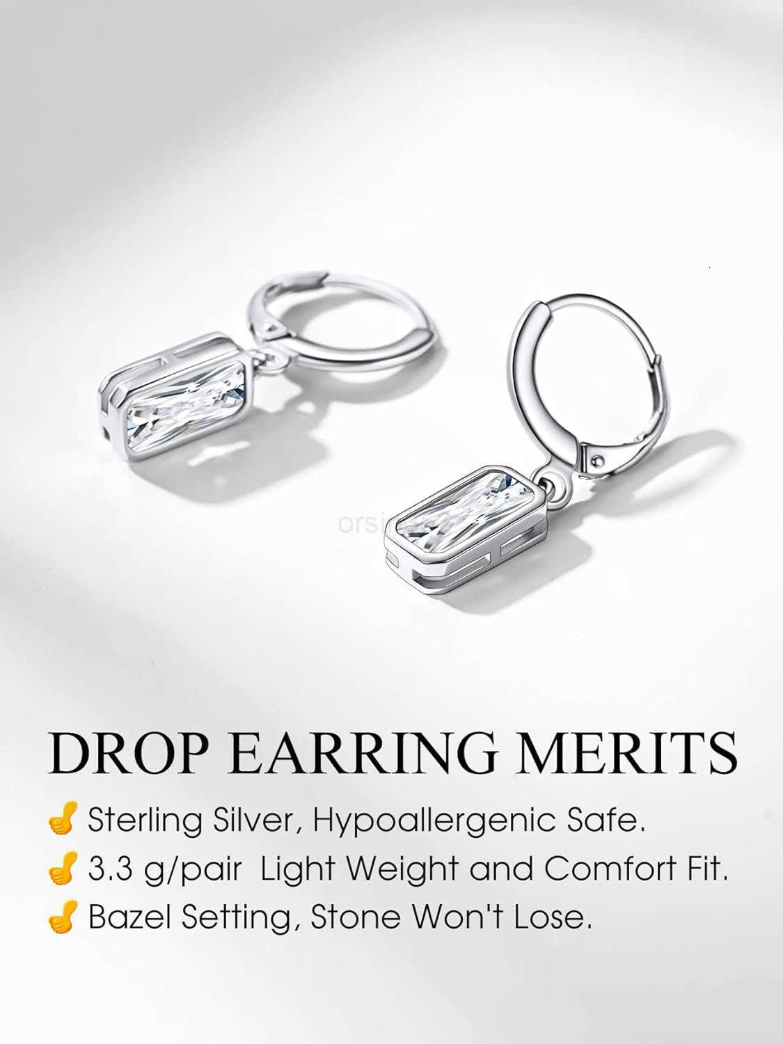 Sterling Silver Small Dainty Birthstone Drop Earrings for Women with Rectangular Baguette Crystal Huggie Hoop Silver Dangle Earring for Wedding Birthd