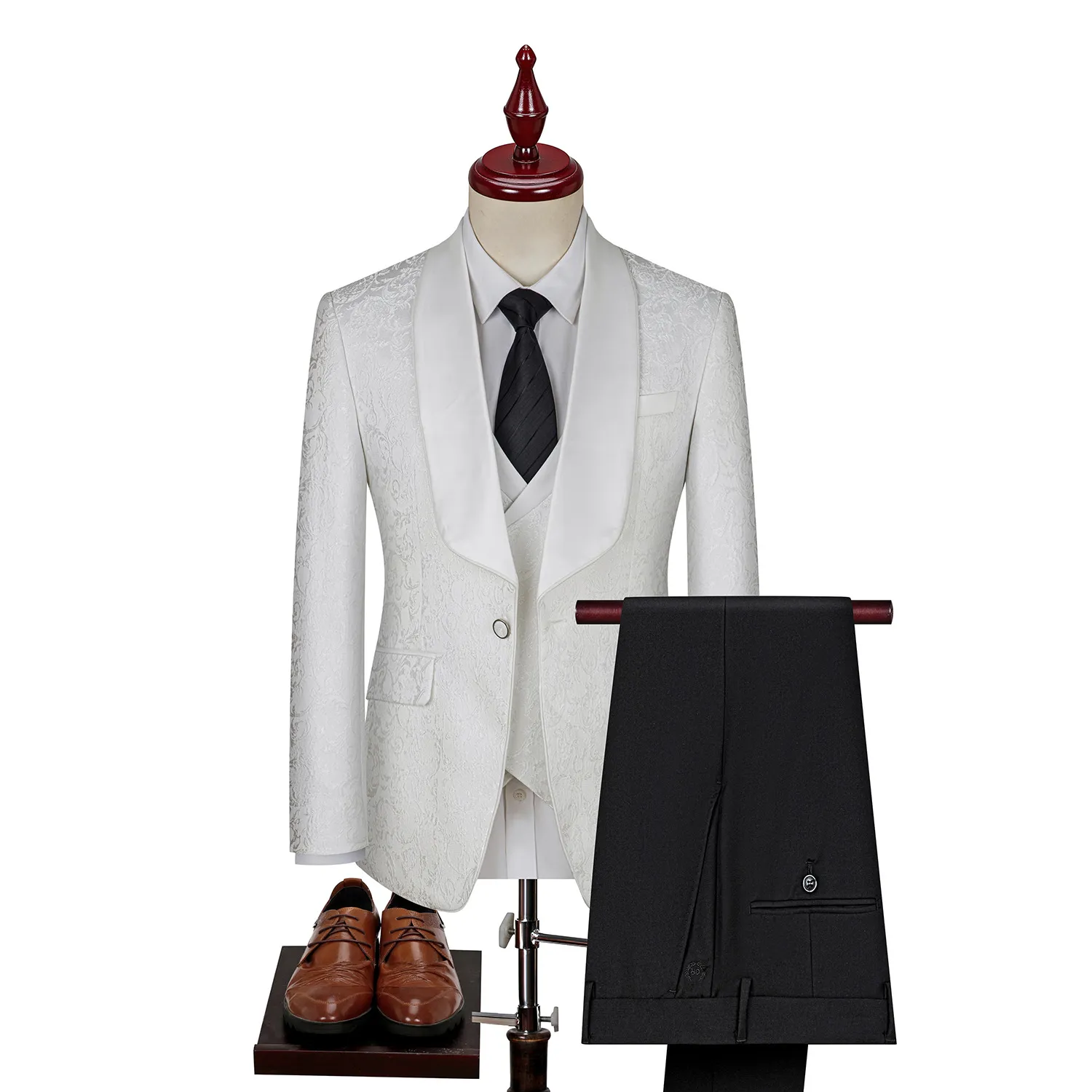 Men's Suits White 3 Piece Set Custom Wedding Jacquard Shawl Lapel XS-2XL Elegant Slim Fit (Jacket Vest Pants)