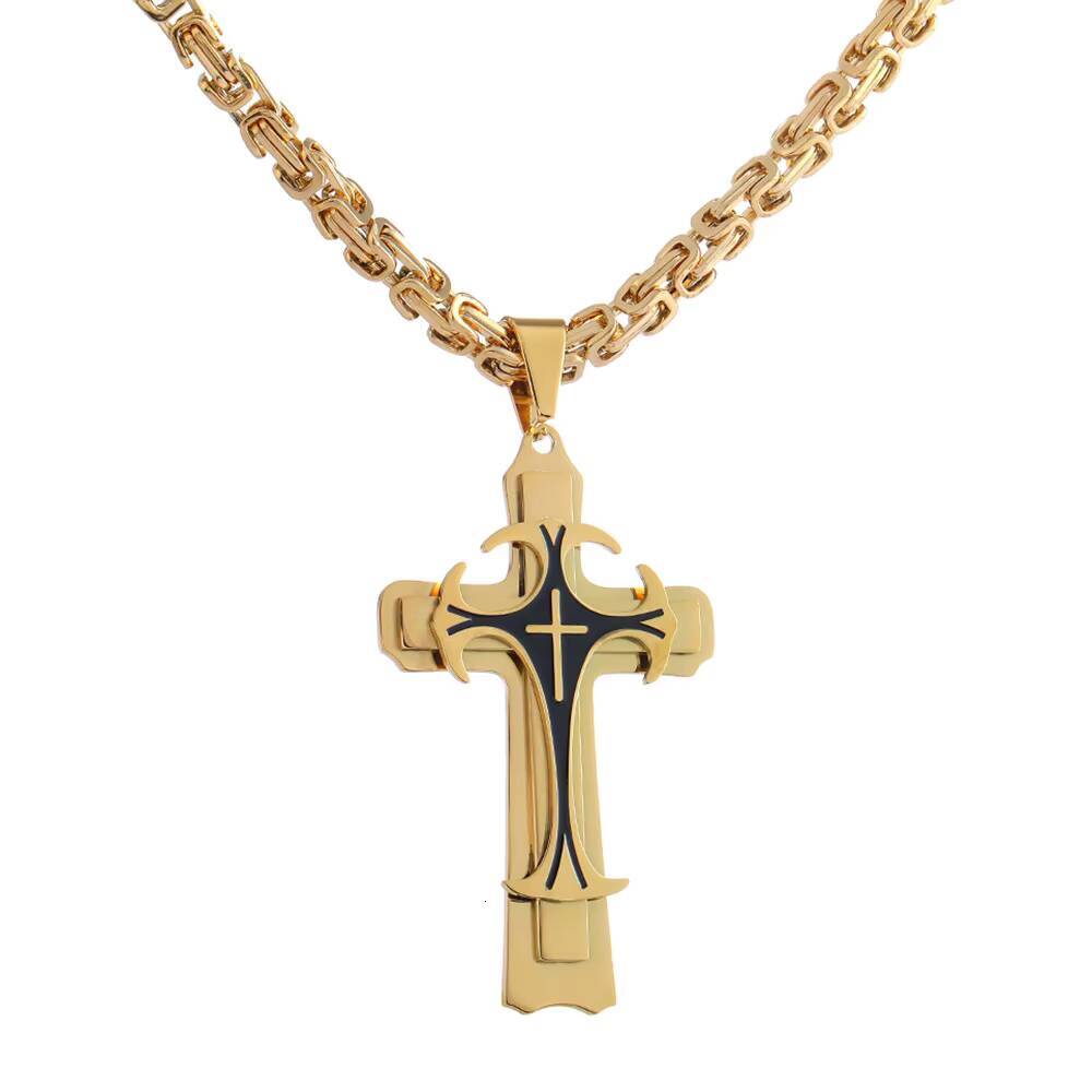 Mens Trendy ThreeLayer Cross Pendant Necklace Domineering Pattern Long Link Chain Stainless Steel Titanium Steel Material