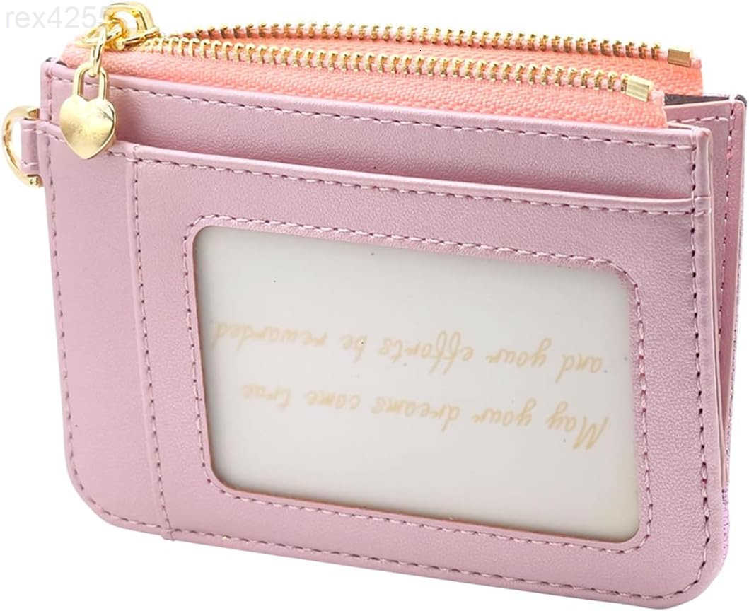 Key Chain Wallet Women Credit Card Holder for Women with Metal Key Chain Ring for Car KeysLadies Mini Purse with ID Window and Zipper Pocket Rose Pink
