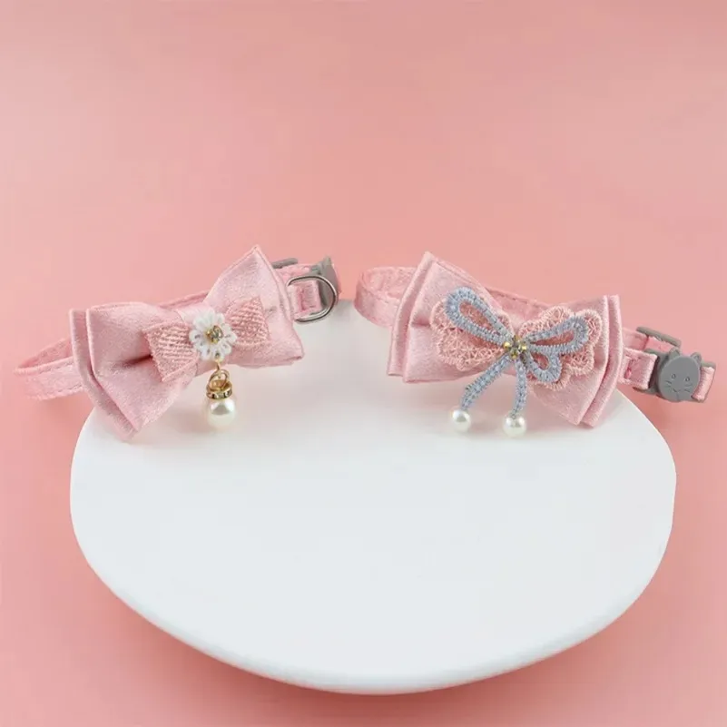 Pink Lace Bow Hanging Bead Pet Collar for Cats & Dogs with Bell Stylish Cat & Dog Accessory