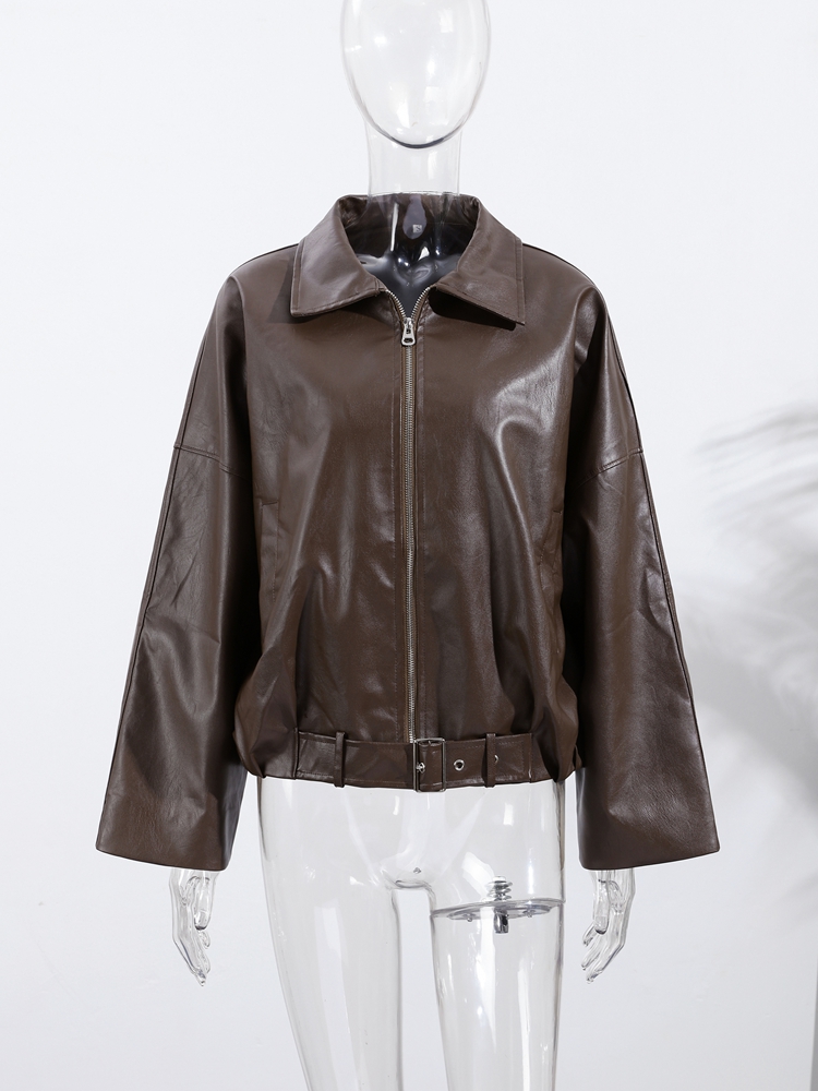 Vintage Women's Zipper Leather Jackets Belt Loose Lapel Long Sleeve Pockets Solid Coats Female 2025 Autumn Moto Biker Outwear