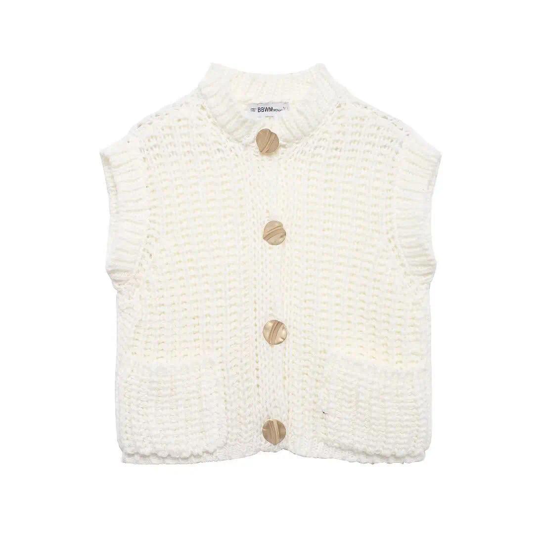 Casual Brown Knit Vest Women Vintage O Neck Single Breasted Pocket Sweater Vests 2025 Autumn Winter Solid Sleeveless Lady Tops