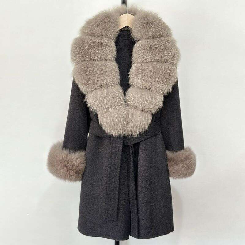 Women's Long Wool & Cashmere Coat With Real Fox Fur Collar - Double-Faced Winter Trench Coat, Slim Fit Belted Dressy Outerwear, Elegant Overcoat 