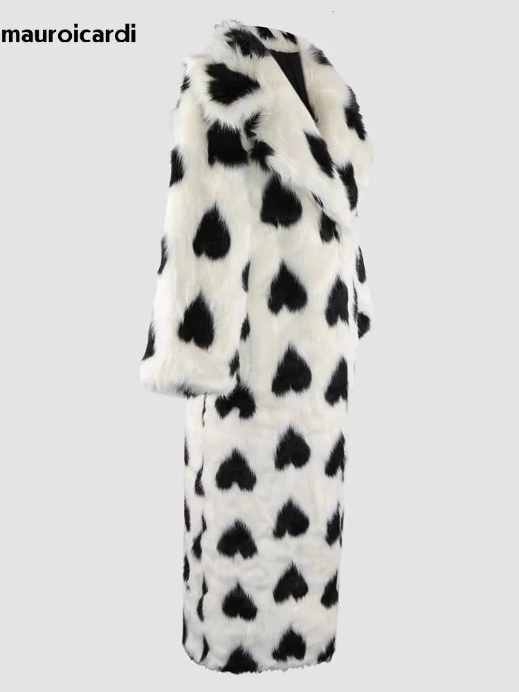 Mauroicardi Autumn Winter Extra Long Thick Warm Colorful Heart Printed Faux Fur Coat Women Sashes Stylish Furry Overcoat