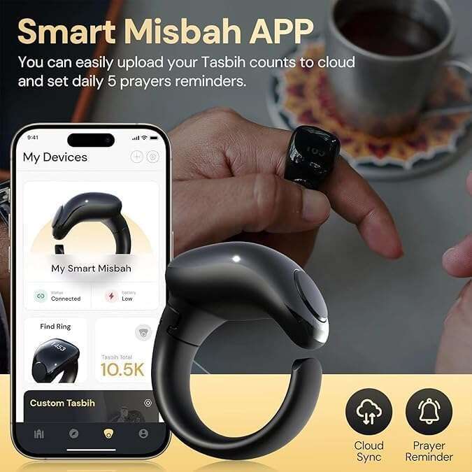 Telawah Tasbih Smart Clock, Adjustable Counter, 2 Sizes (18 and 20mm), APP Support Digital Prayer Reminder Ring, Waterproof 4 Digit Finger Counter Zik