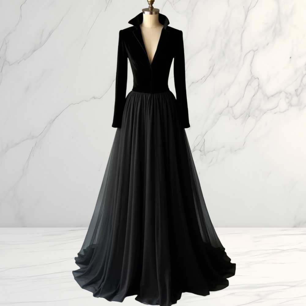 Classic Black Velvet A-Line Long Evening Dresses V-Neck Lapel Long Sleeves Vintage Special Occasion Gowns Floor Length Halloween Prom Wear