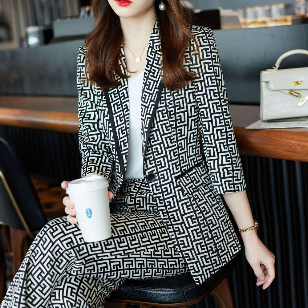 Plaid Casual Women's Suit One Button Blazer And Straight Leg Trouser Pants Sets 2 Piece for Office Lady Chic Women Business Set