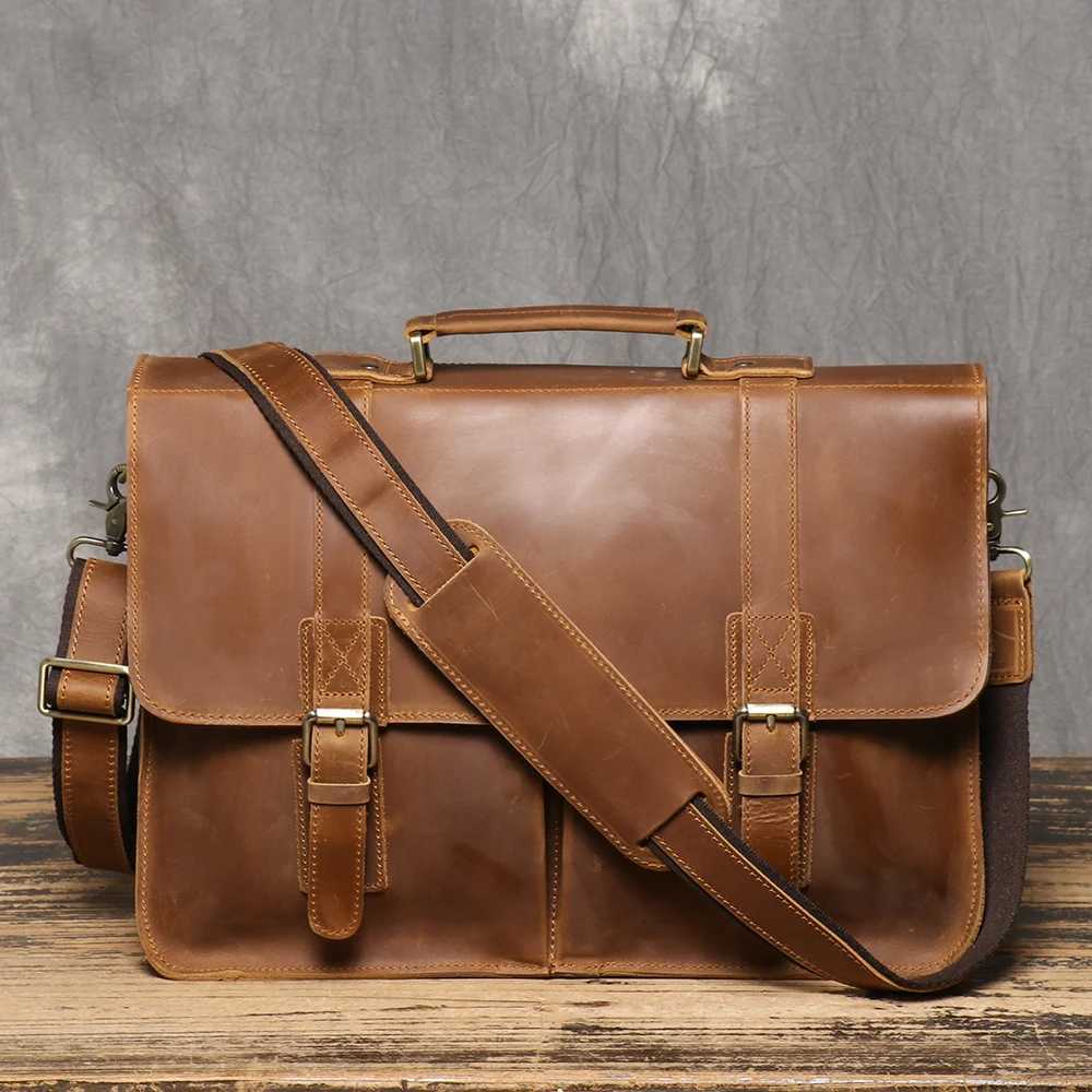 Briefcase Crazy Horse Leather Mens Cowhide Shoulder Crossbody Bag Large Capacity Genuine Leather Laptop Bag Z250906