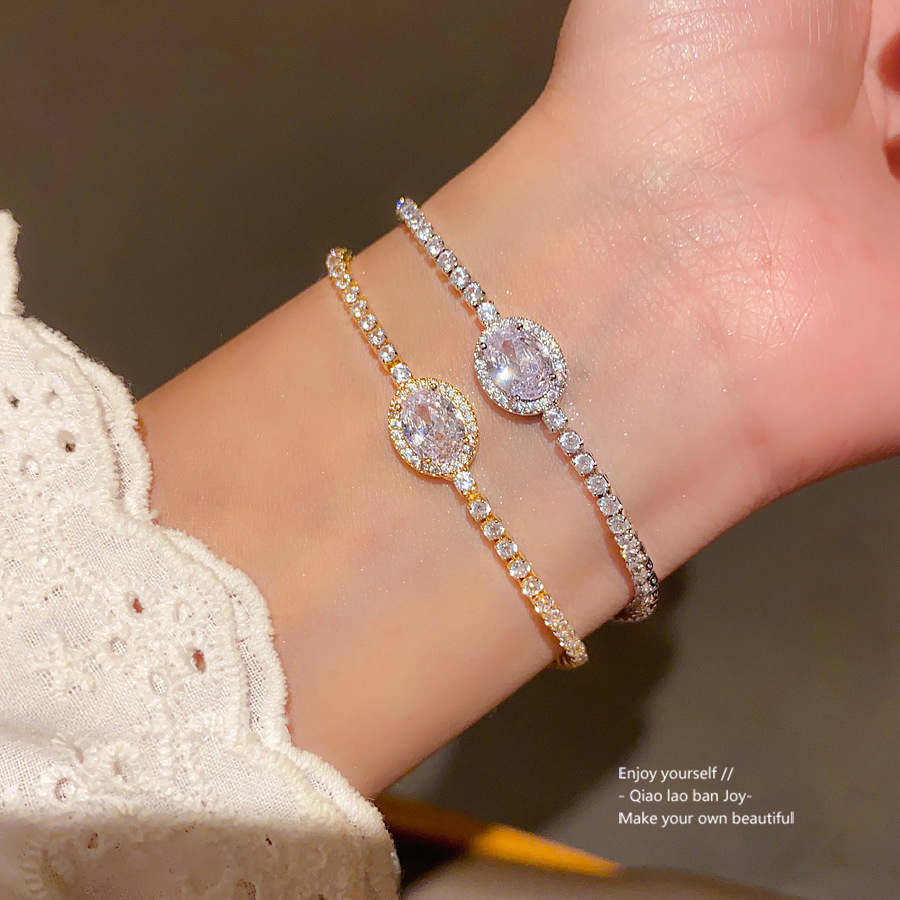 Silver - Toned Bracelet With Oval - Shaped Sparkly Crystal, Pave Diamond - Like Accents Delicate Daily & Elegant Jewelry Gift For Her High - Quality A
