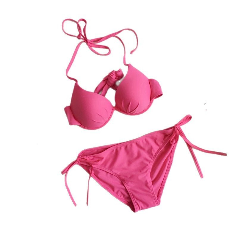 Bikini Two-Piece Swimsuit for Women, Solid Color, Fashionable, Sexy, Underwire, Push-Up, Sweet Girl Vacation Swimwear