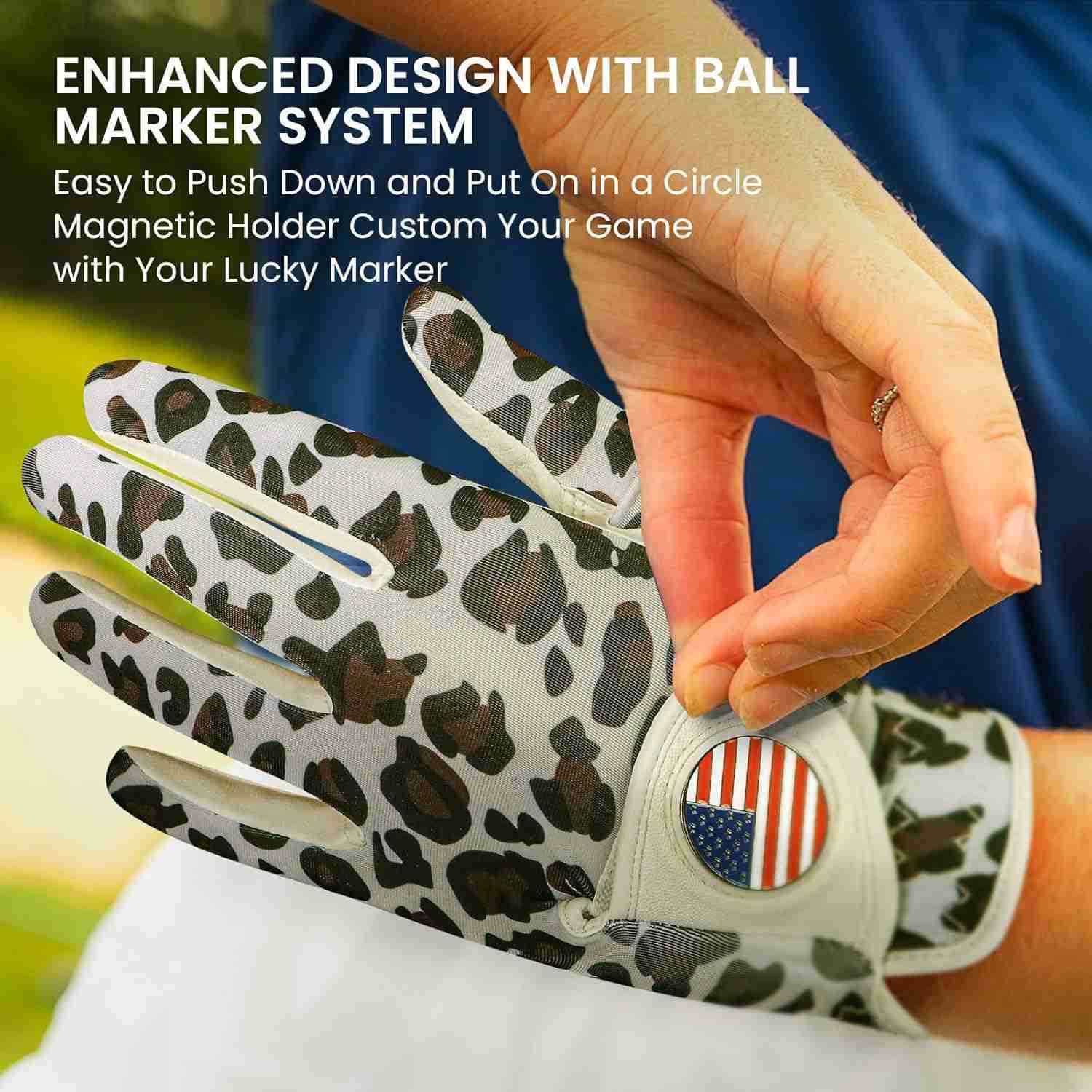 Sport Womens Golf Glove with Ball Marker Rain Left Right Hand Leather Printed Pack Ladies Golf Gloves All Weather Grip Breathable Soft Size Small Medi