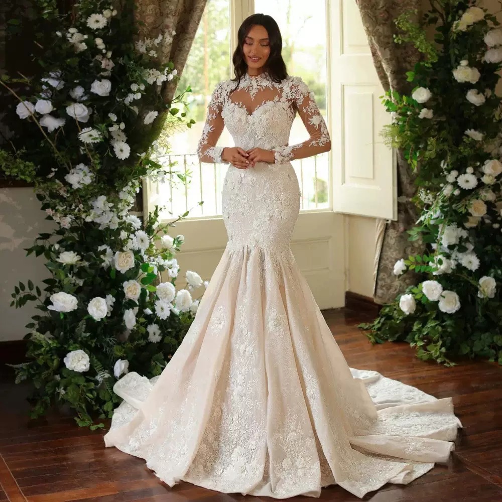 Vintage Mermaid Wedding Dress 2026 High Neck 3D Flowers Lace Appliques Long Illsuion Sleeves Sequins Beads Bridal Gowns Vestidos De Novia