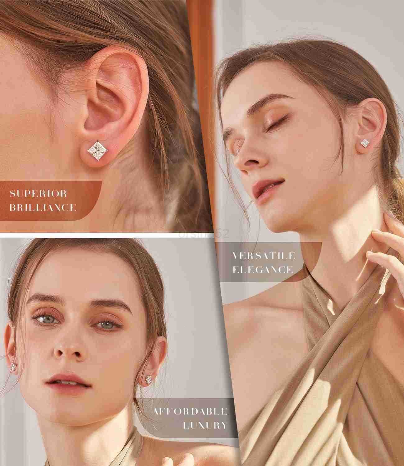 18K Gold Plated Sterling Silver Princess Cut Cubic Zirconia Stud Earrings for men womenW250911