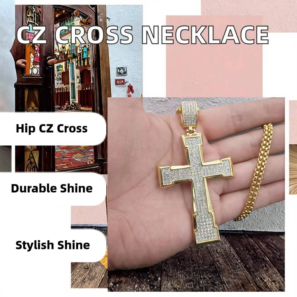 Hip Hop Mens Fully CZ Diamond Stainless Steel Cross Necklace Gold Plated Box Chain with Religious Style for Gift Engagement
