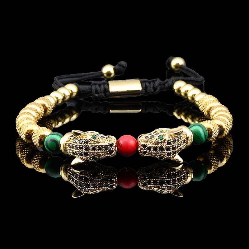 Luxury Brand Designer Jewelry Stainless Steel Double Leopard Head Natural Stone Braided Bracelet Fashion C-Shaped Titanium Steel Bracelet Set for Wome