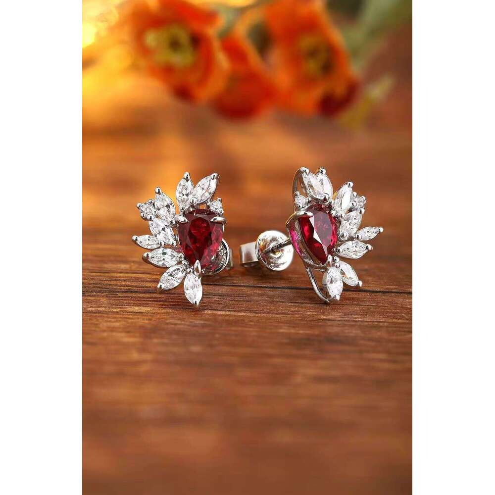14k White Gold Ruby Moissanite Earrings D Color Marquise Cut Elegant Classic Design Custom Veet Clasp Women's Gift