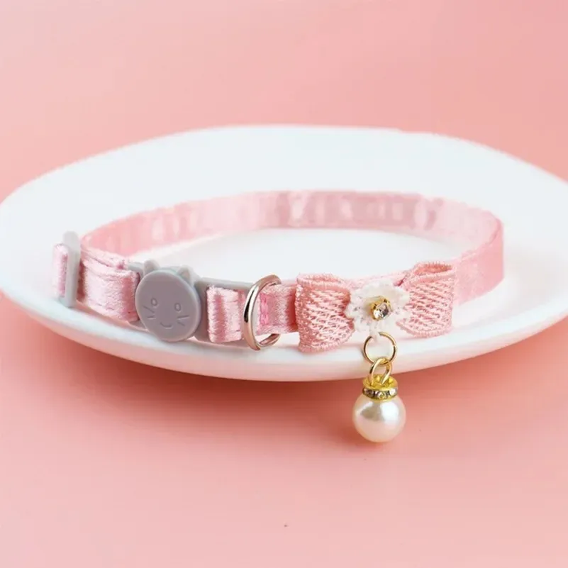 Pink Lace Bow Hanging Bead Pet Collar for Cats & Dogs with Bell Stylish Cat & Dog Accessory