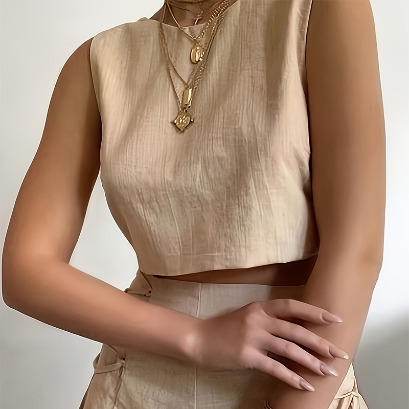 Cotton and linen sleeveless vest, backless hot pants set, fashionable two-piece commuting outfit for women