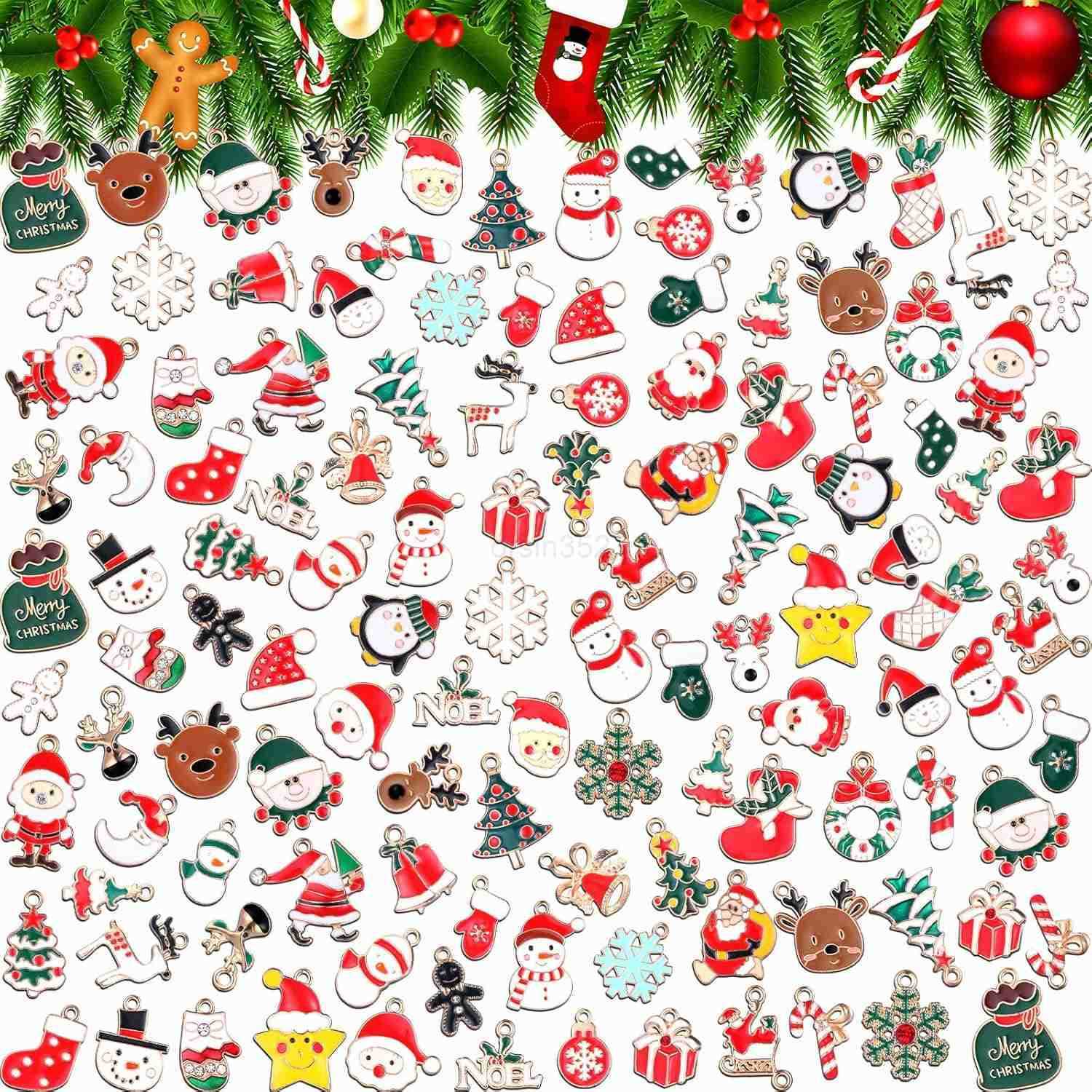 300 Pcs Christmas Charms for Jewelry Making Bulk Gold Enamel Cute Santa Claus Snowman Pendant Christmas Tree Elk Ball Snowflake s Necklaces EarringW25