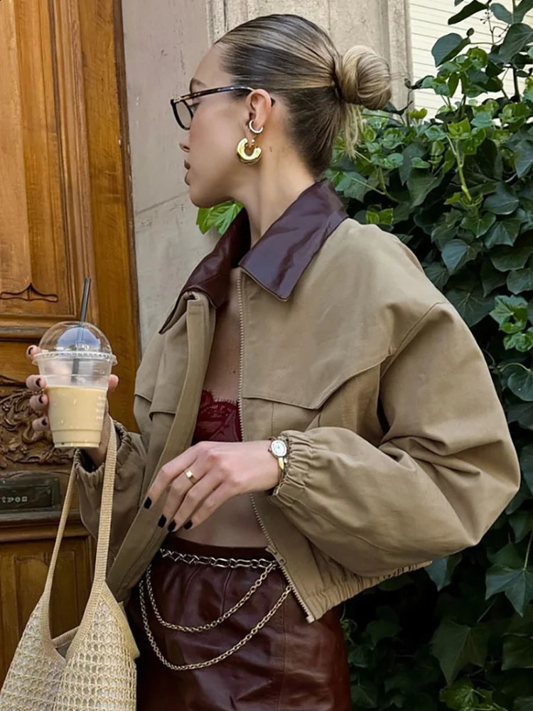 Autumn Patchwork Lapel Long Sleeve Women Jackets Fashion Zipper Turn Down Collar Coats Lady Chic Pockets Outerwear Street 250911