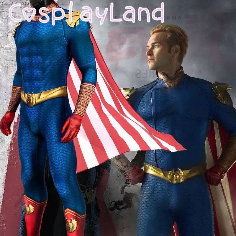 The Boys Homelander Cospaly Supe rhero Costume Adult Man Halloween Costumes An tony Starr Jumpsuit Cloak Blue Bodysuit