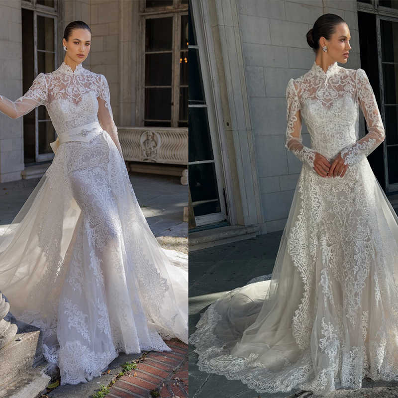 A-line Lace Wedding Dresses 2025 Luxury High Neck Long Sleeve Bridal Gown Applique Swep Train Tulle vestido de novia Customized