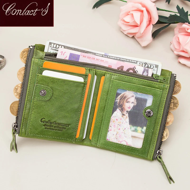 Contacts Womens Leather Wallet Small Bifold Compact Credit Card Case Purse for Ladies with Zipper Pocket Genuine Leather Wallet250906