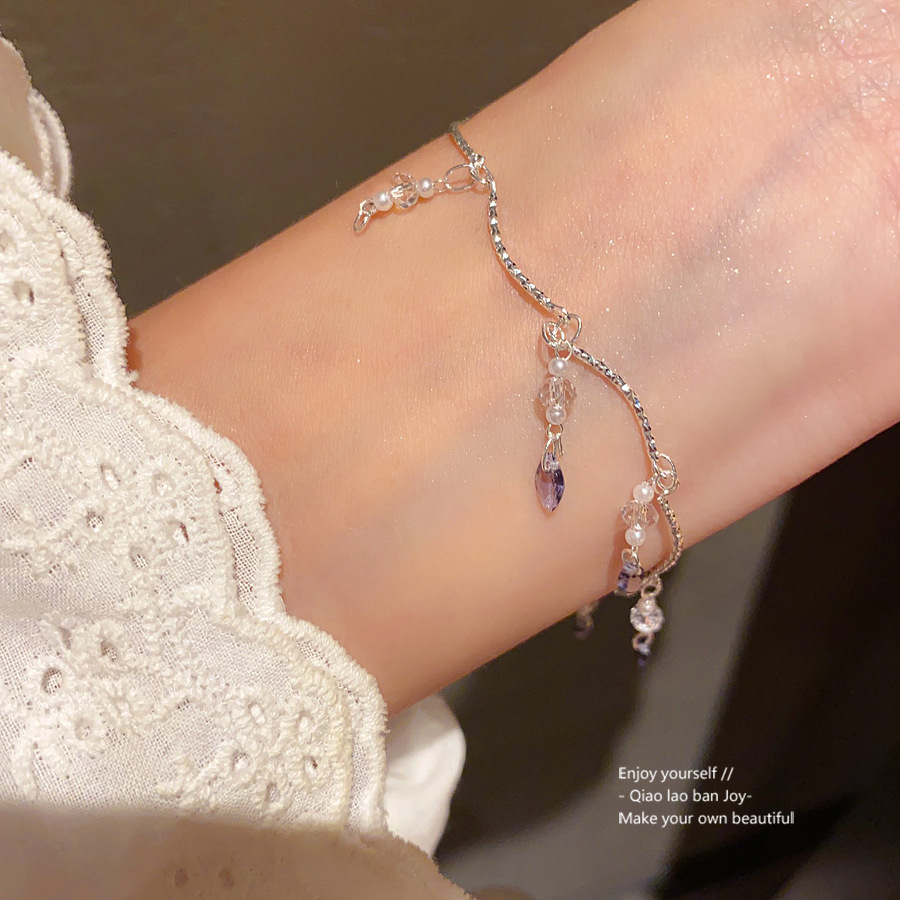 Silver - Toned Bracelet With Dangling Purple Teardrop Crystals, Delicate Beaded Accents Delicate Daily & Dreamy Jewelry Gift For Her High - Quality An