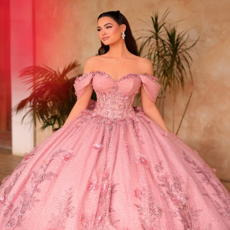 Pink Shiny Quinceanera Dresses Ball Gown Off The Shoulder Applique Flower Beads Tull Bow Party Birthday Sweet 16 Dress Vestidos 15 De Anos