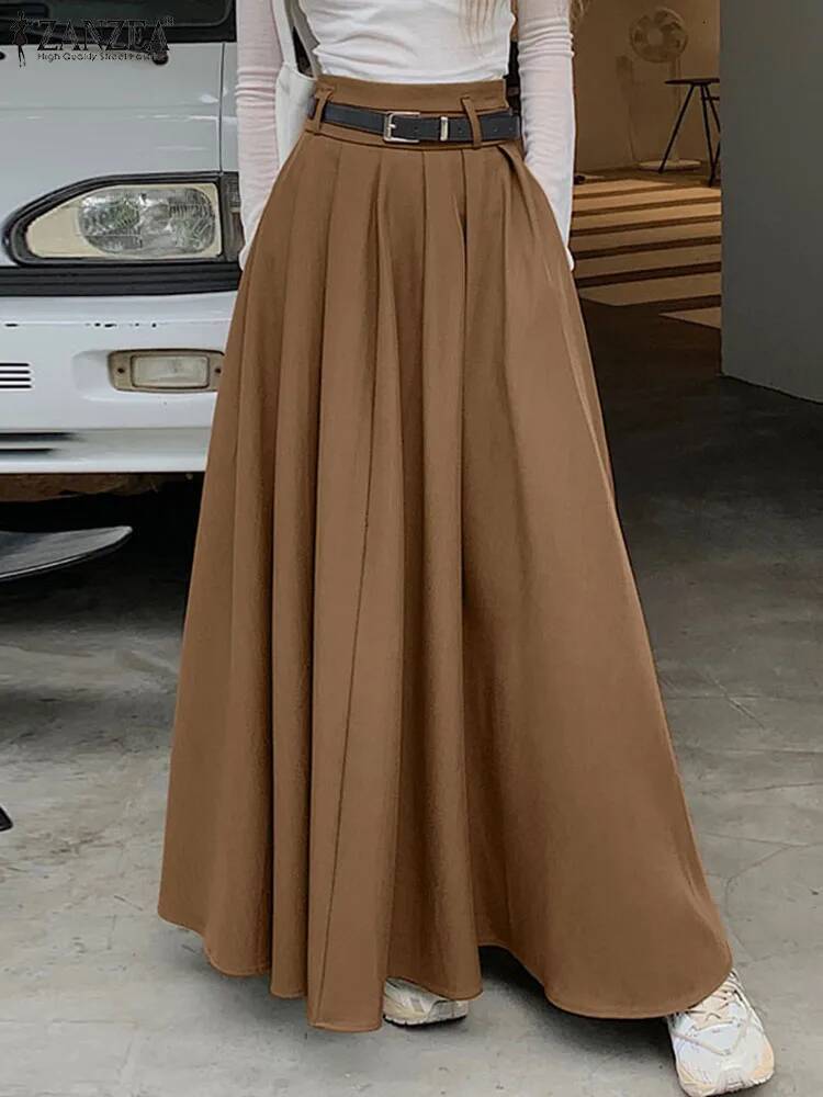 ZANZEA Women High Waist Jupe 2025 Autumn Vintage Office Falda Korean Fashion Pleating Swing Holiday Loose Solid Maxi Skirt dongdumaoyi