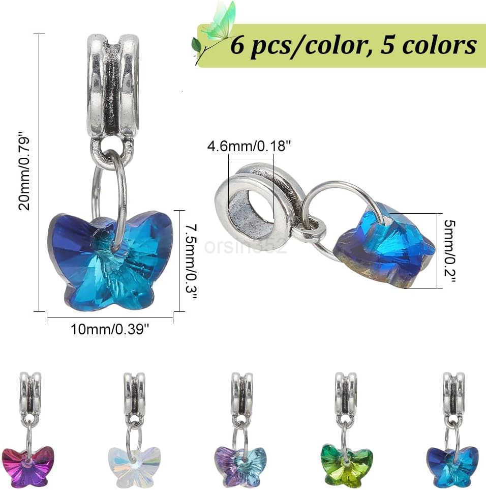 30pcs Butterfly Glass Charms Pendants 5 Colors Faceted Butterfly Crystal Dangle Charms with Bail Hanger Large Hole Transparent Beads for Necklace Earr