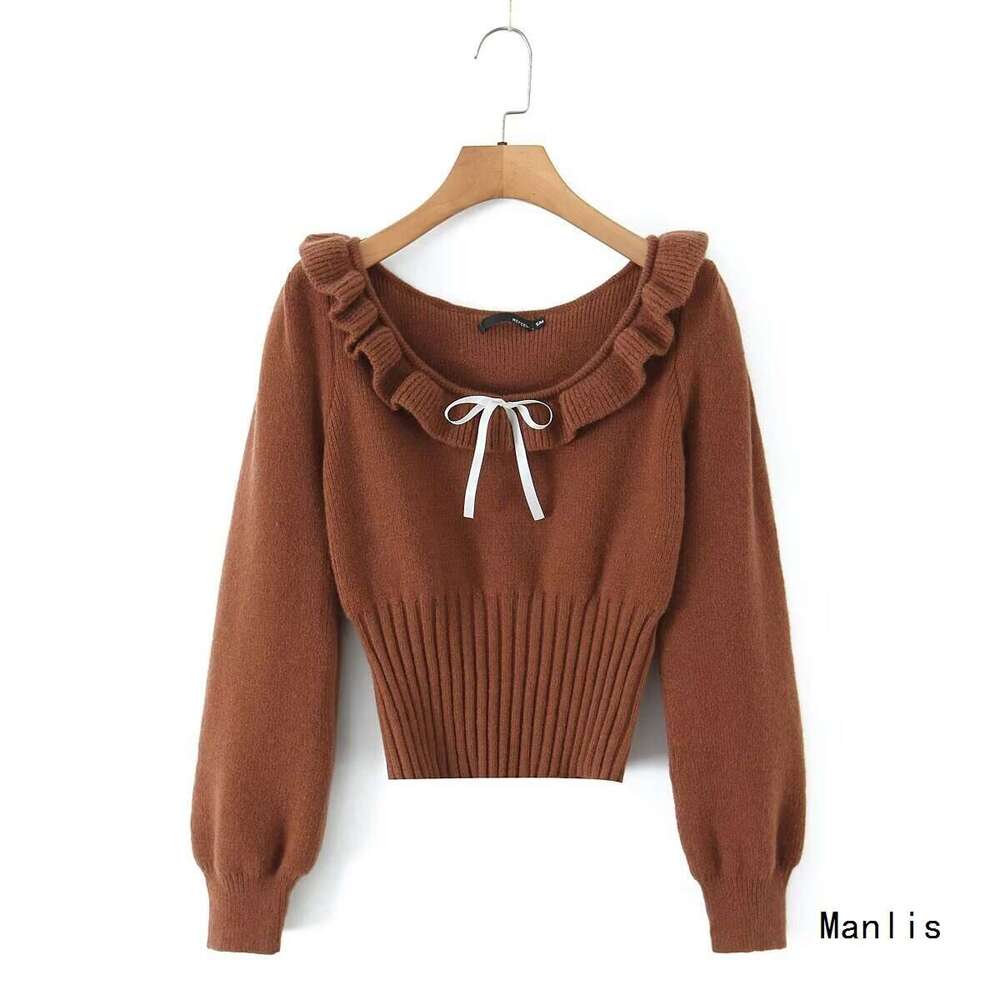 DHEssentials Ins Style 25 New Fashion Korean Sweet Lace Collarbone-Exposing Round Neck Ribbon Bow Sweater