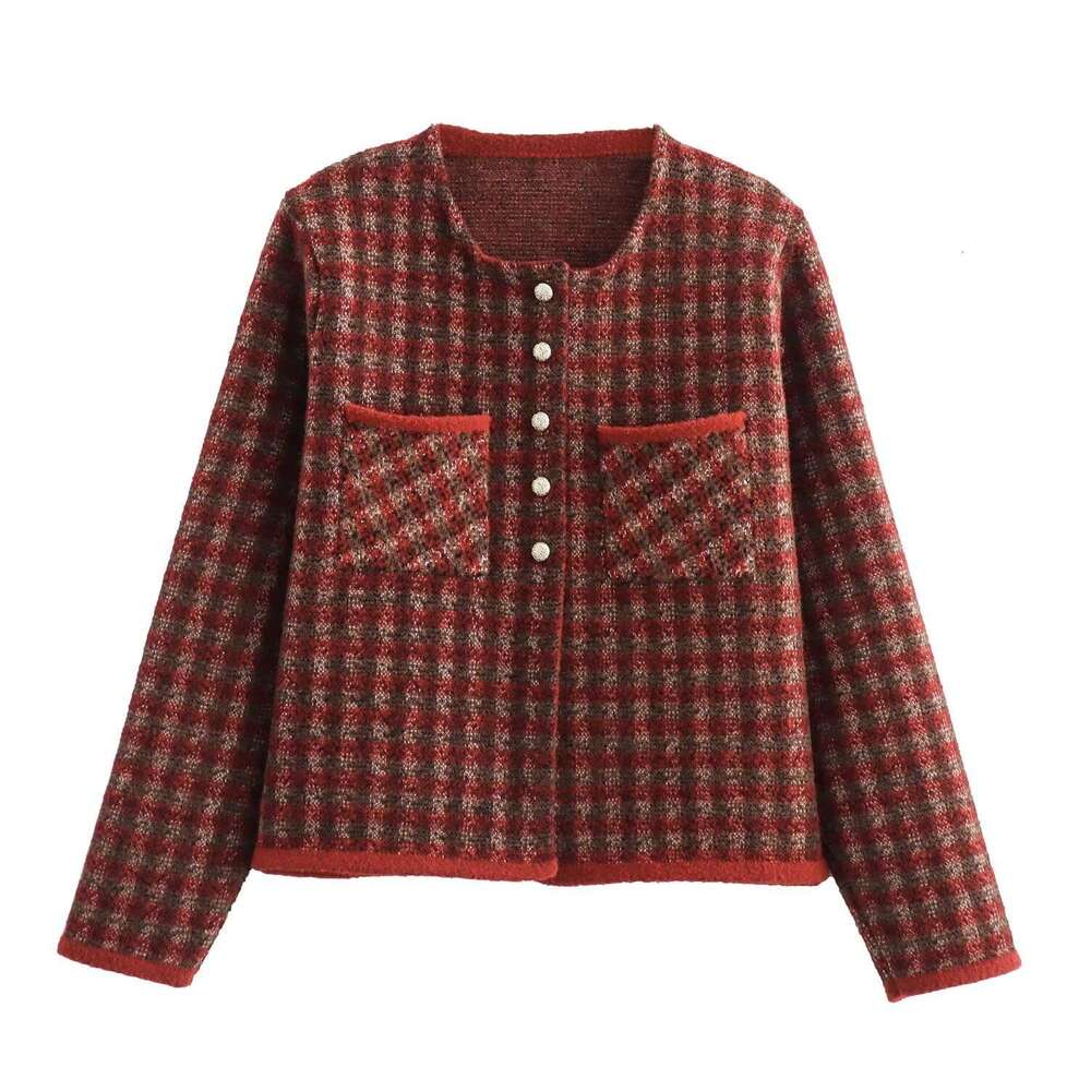 DHEssentials 2025 Autumn New French Style Soft Versatile Red Plaid Round Neck Knitted Sweater Cardigan